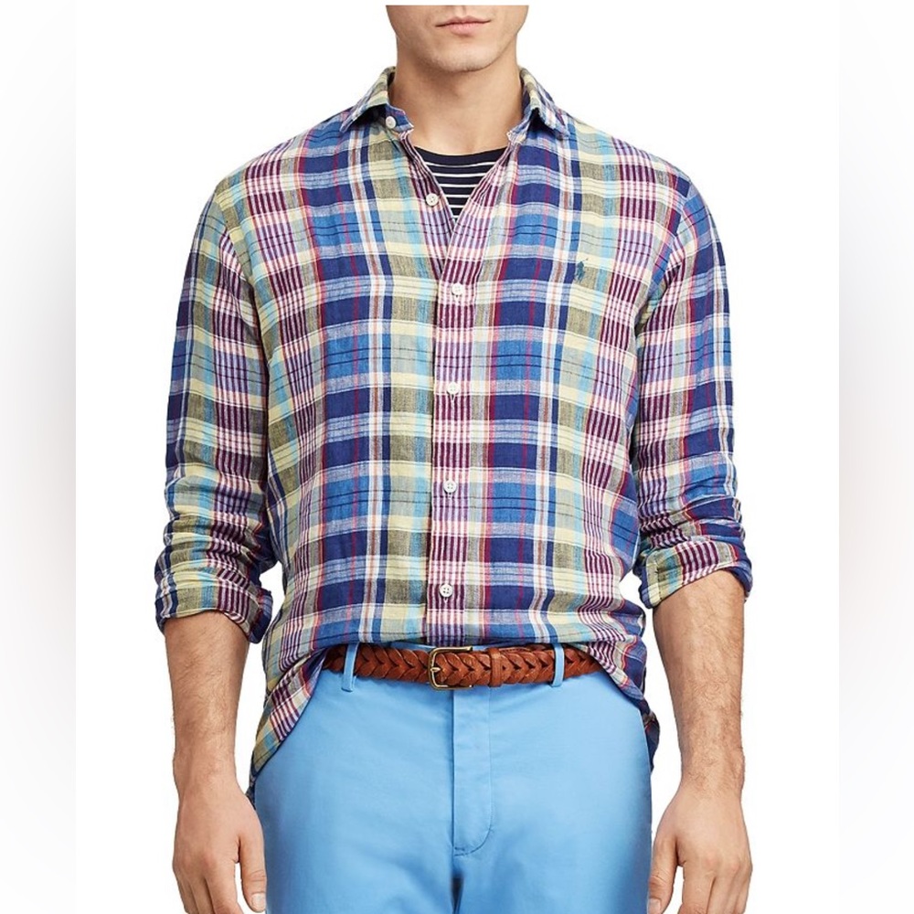 Polo Ralph Lauren Mens Large 100% Linen Colorful Plaid Button Up Shirt Blue Pink